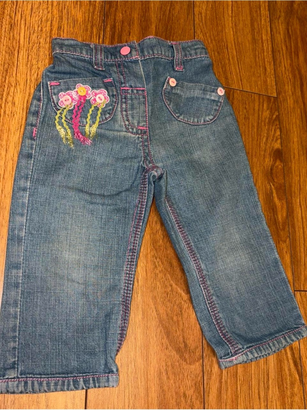 Y2K Blue floral embroidered jeans with pink accents